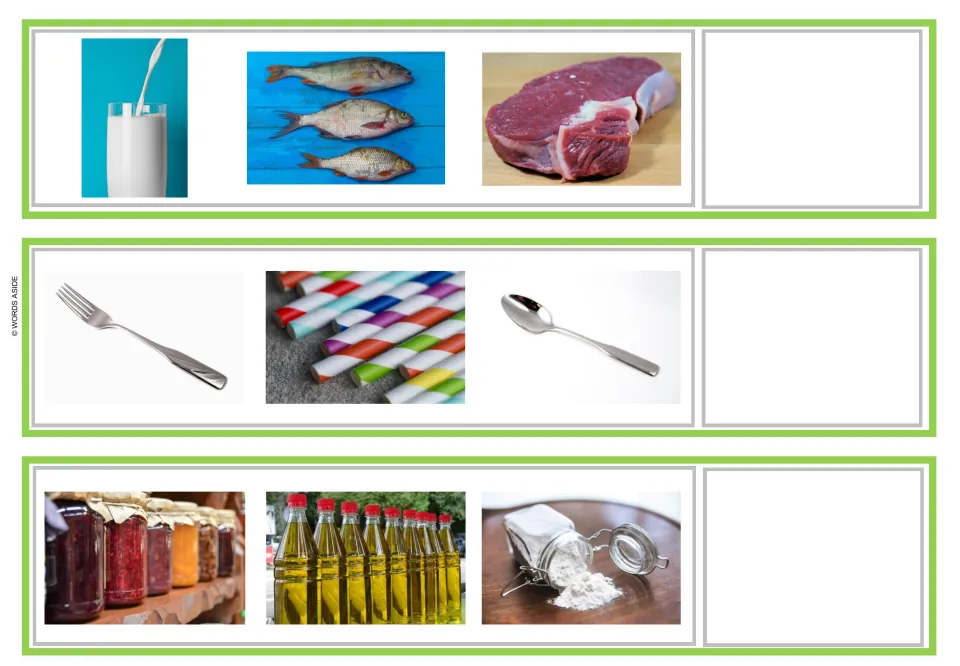 Vocabulary reasoning strips 7–9 show milk, fish and meat; a fork, straws and spoon; and jam, oil and flour.
