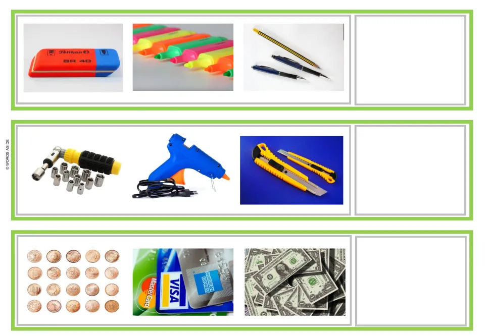 Vocabulary reasoning strips 10–12 show school supplies, tools, and coins, credit cards and dollar bills.