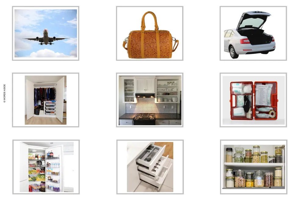 Matching answer cards 1–9 include an airplane, handbag, car trunk, closet, kitchen cabinets and four more.