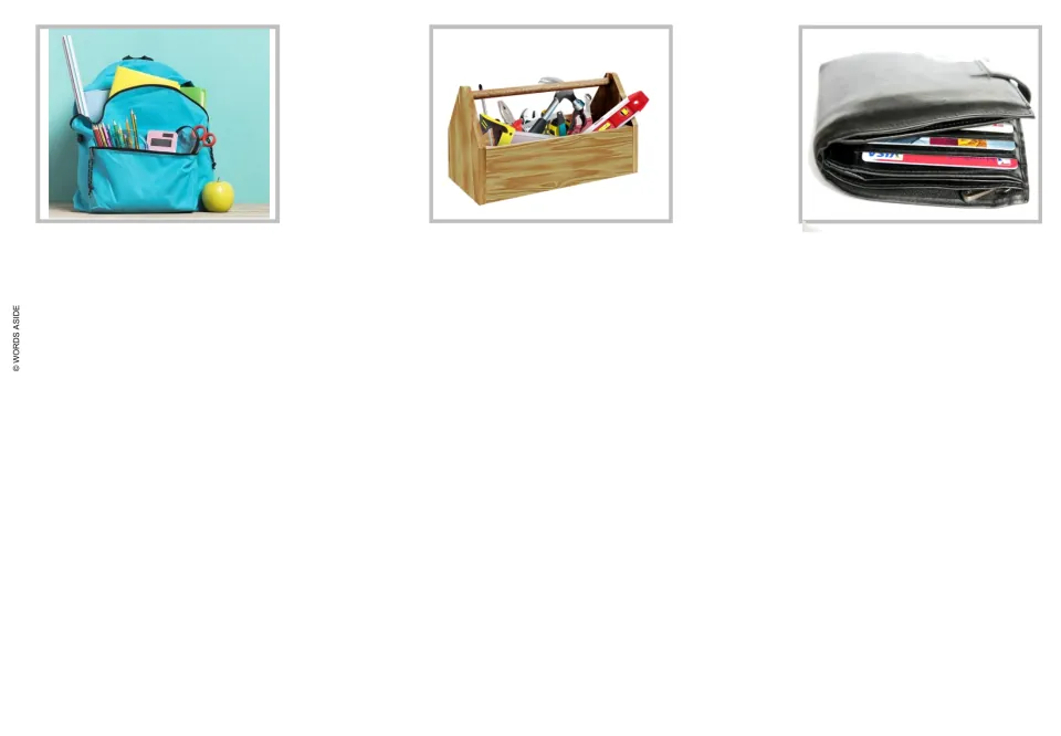 Matching answer cards 10–12 show a backpack, toolbox and wallet for the vocabulary reasoning task strips.