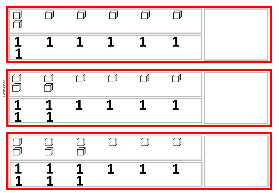 Times-1 strips for 7, 8 and 9 groups: students count single cubes above matching 1s to find and record each product