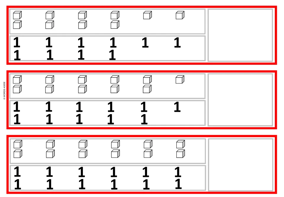 1 times 10, 11 and 12: strips show that many single cubes and 1s for students to total and write or stick the answer