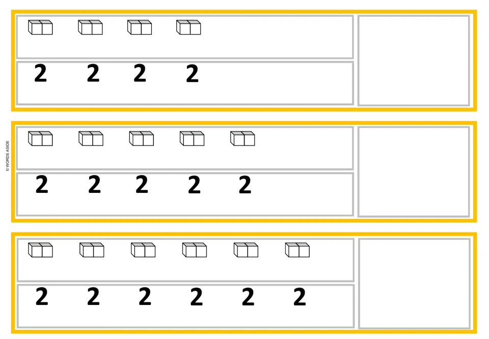 Twos facts: strips show 4, 5 and 6 pairs of linked cubes over rows of 2s; students skip count and record each product