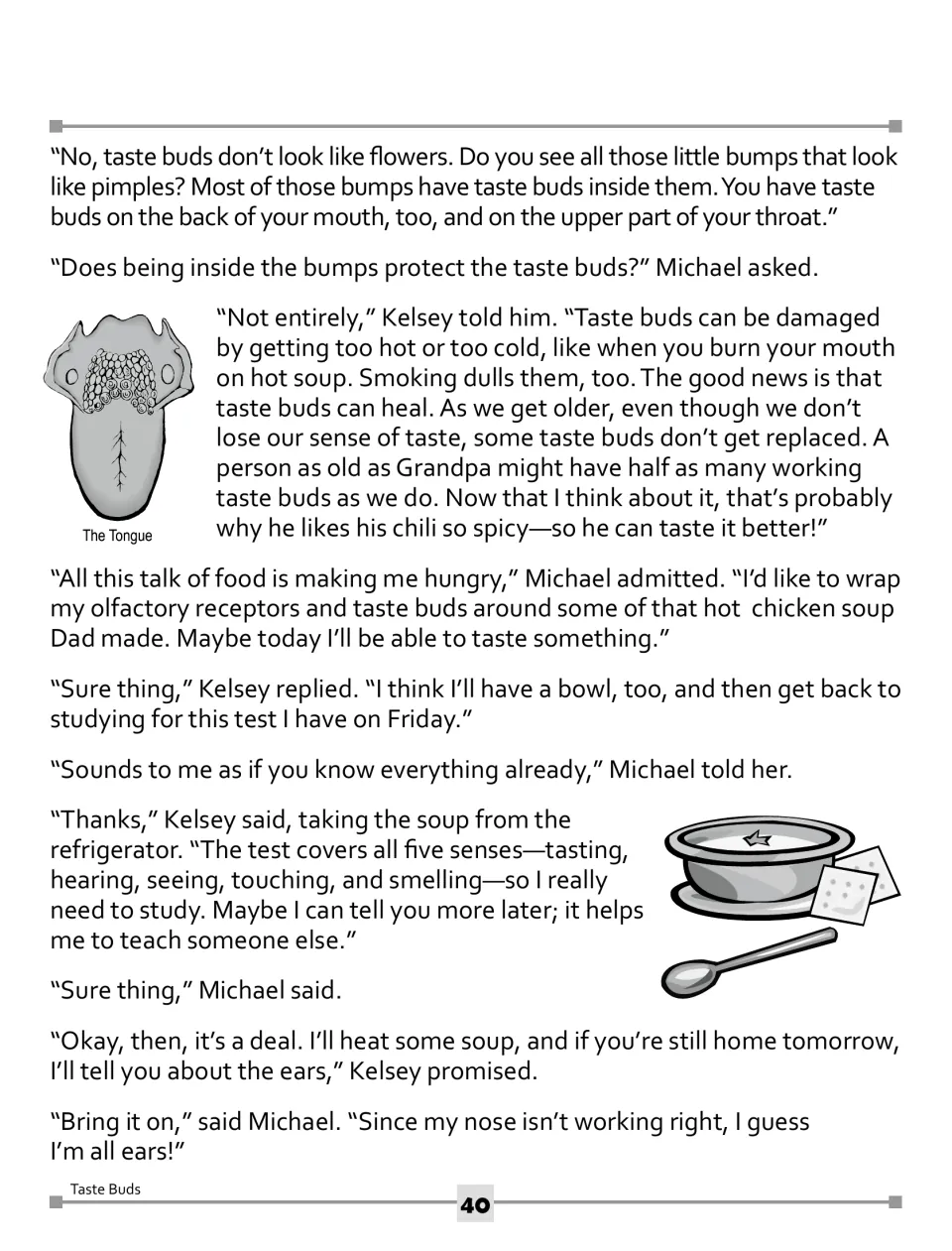 Taste buds reading passage, part 2: how heat, smoking and age affect taste buds, with a labeled tongue drawing