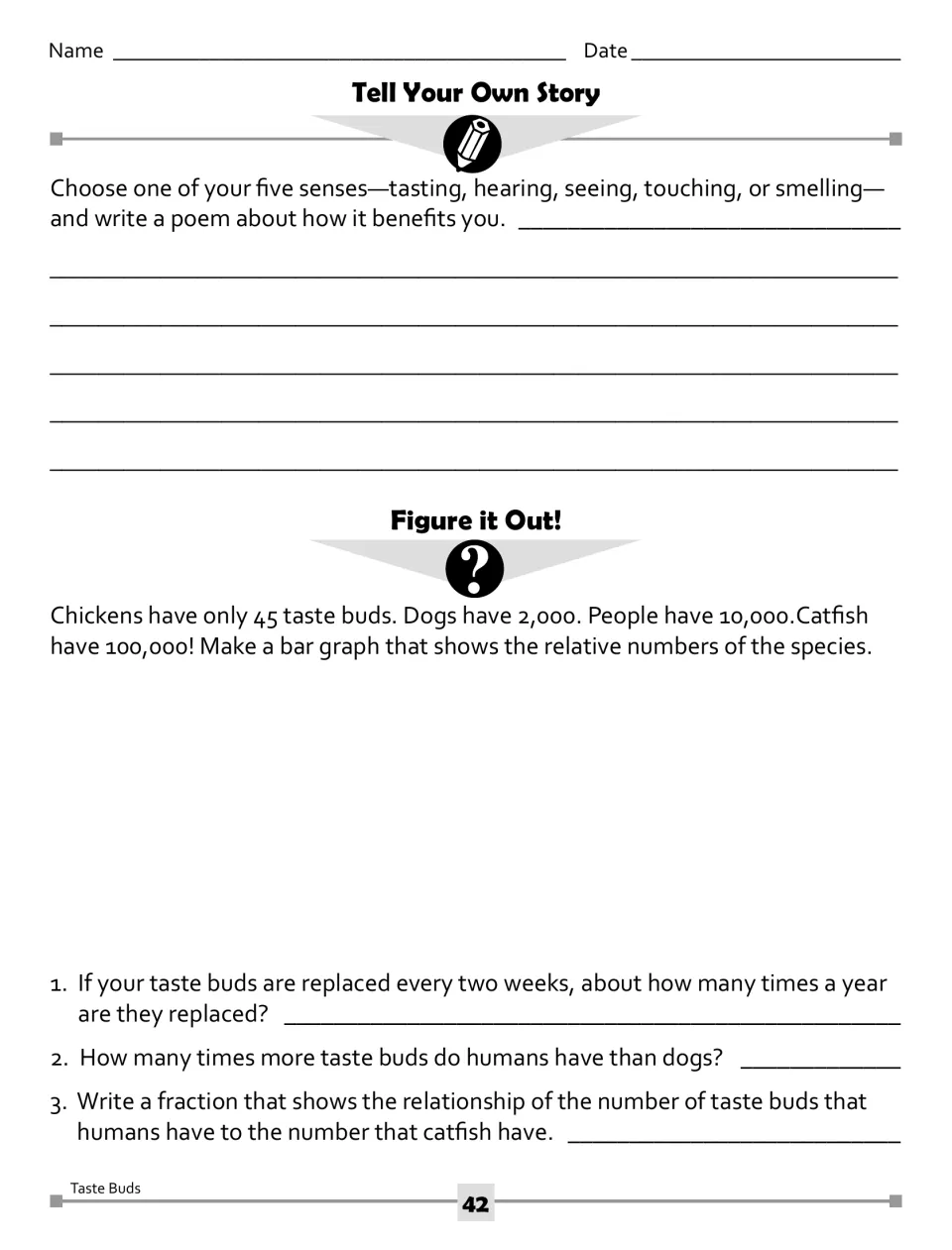 Senses poem and taste bud math: students write a poem on one sense, bar-graph animal taste buds and solve 3 problems