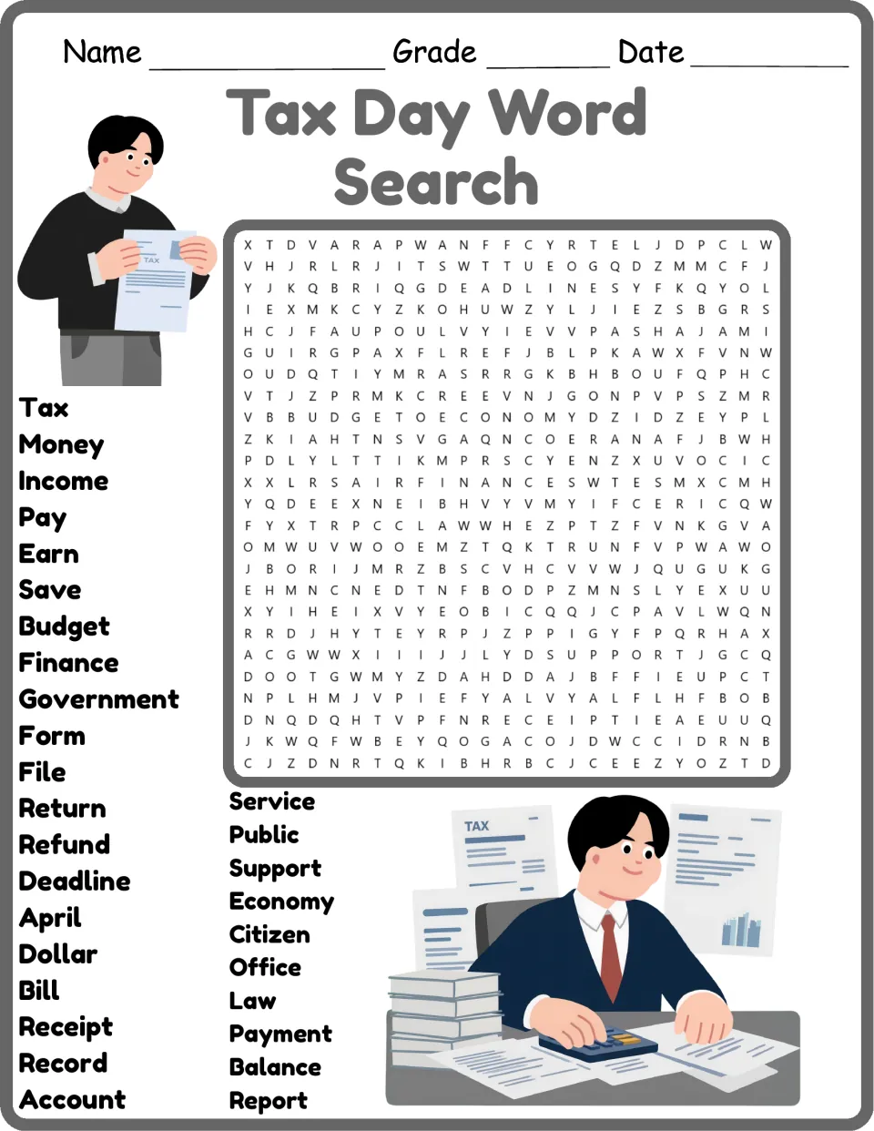 Color version of the tax-themed word search with 30 words, including money, budget, finance, and payment.