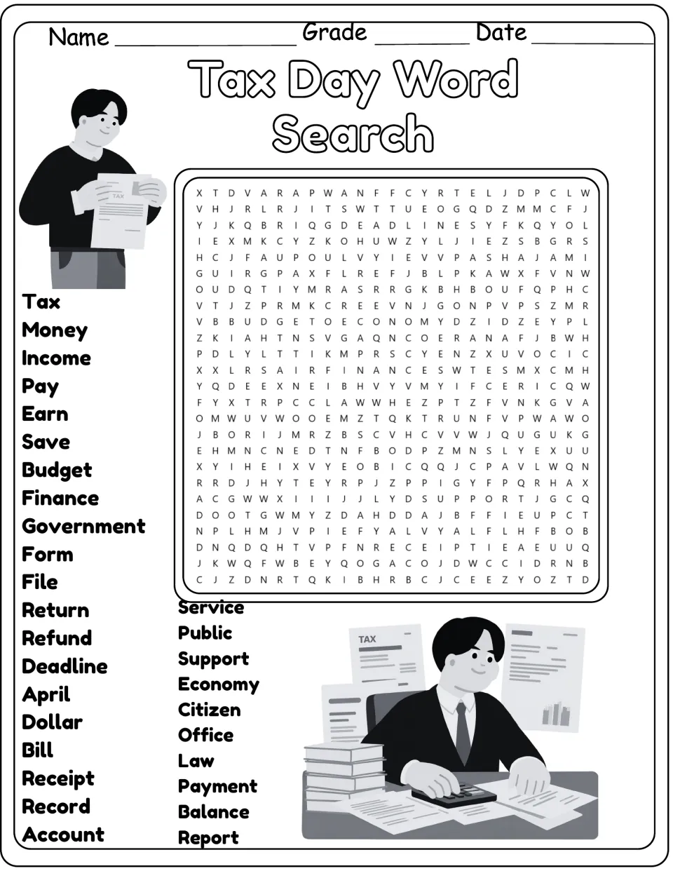 Black-and-white version of the same 30-word tax puzzle, including income, refund, receipt, and economy.