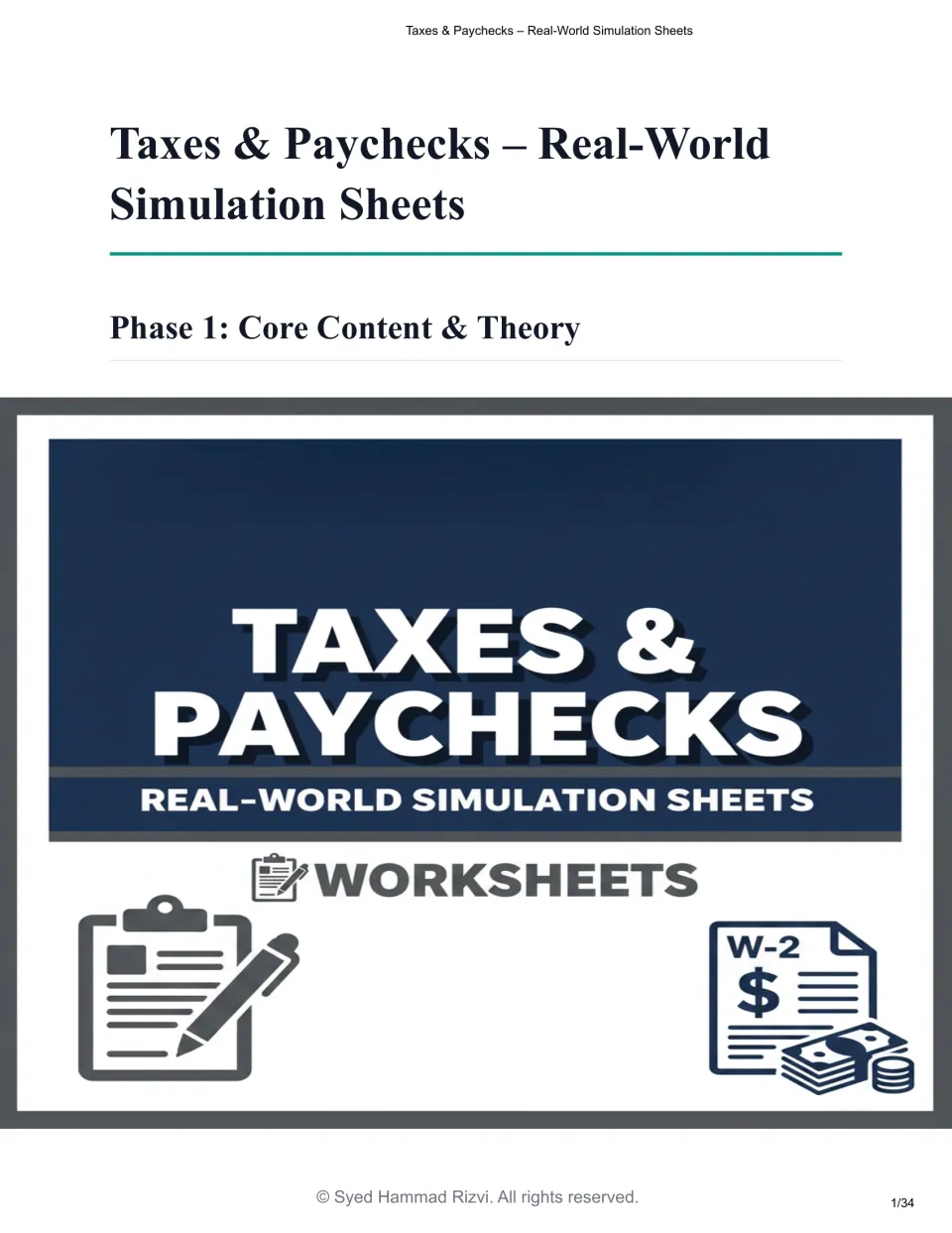 Cover of Taxes & Paychecks – Real-World Simulation Sheets, introducing Phase 1: Core Content & Theory