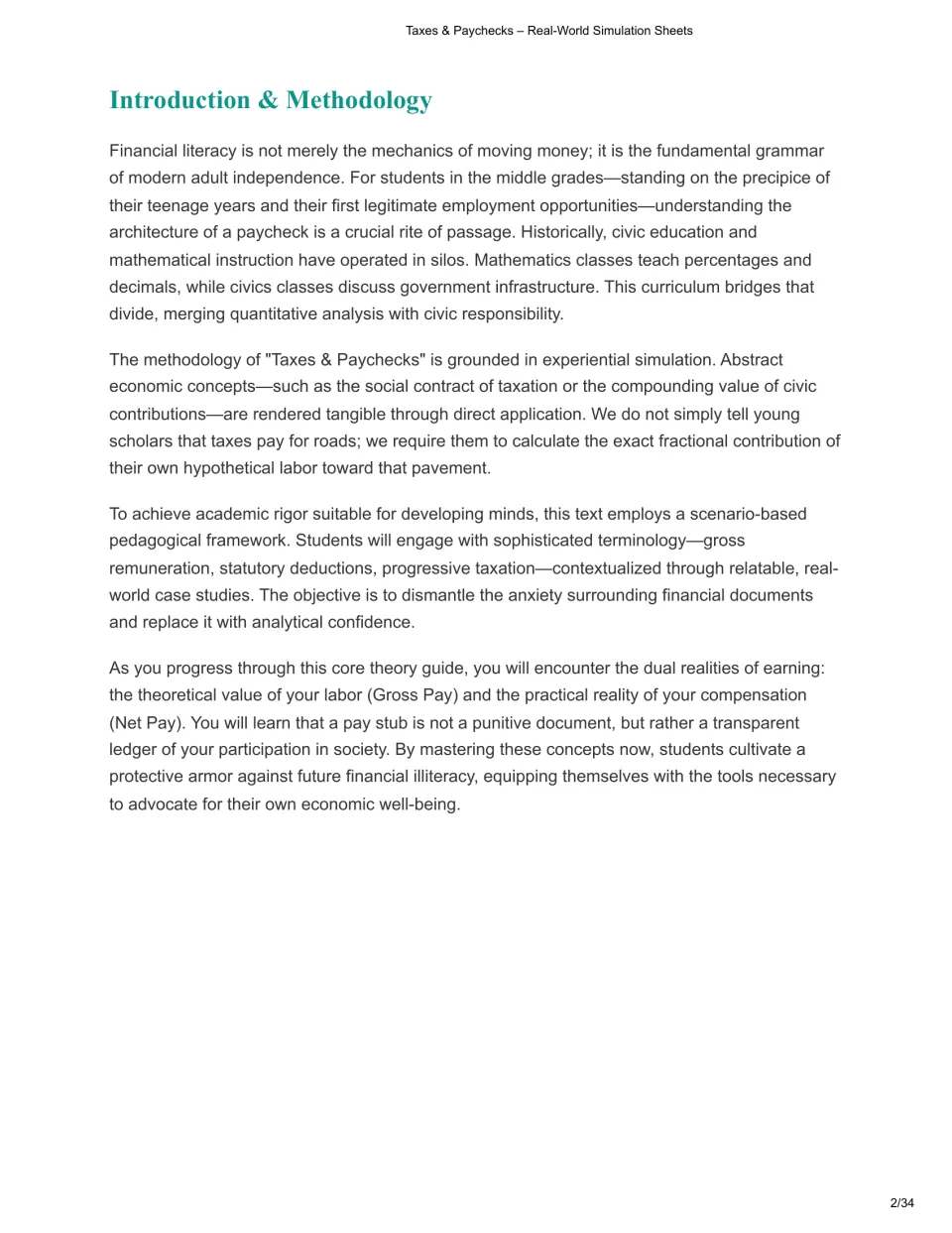 Introduction to the unit's simulation method, connecting paycheck calculations with civic responsibility