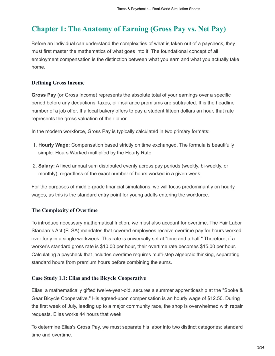 Chapter 1 lesson defines gross pay, hourly wages, salary, and overtime, then introduces Elias's work scenario