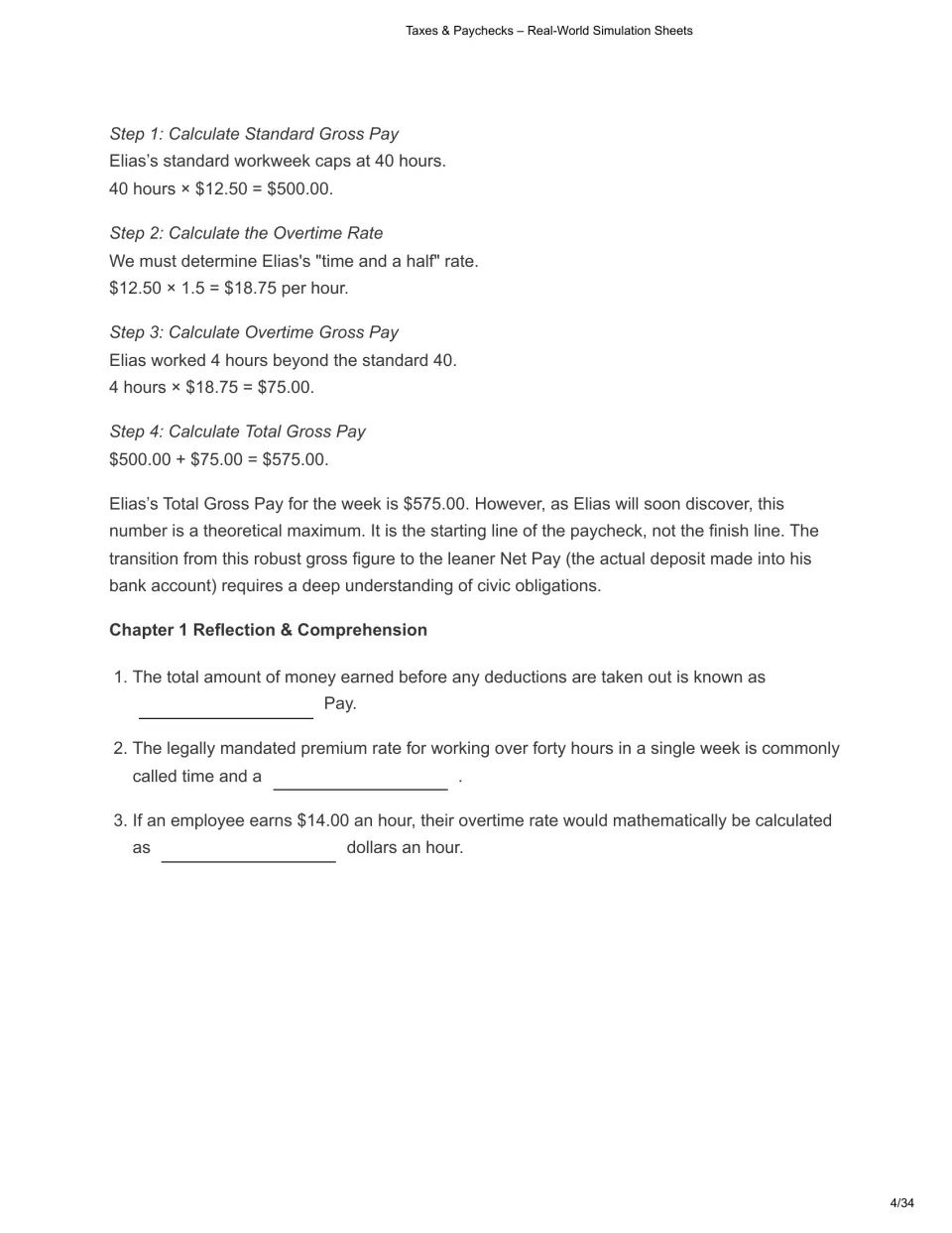 Chapter 1 worked example calculates Elias's $575 gross pay, followed by three pay and overtime questions