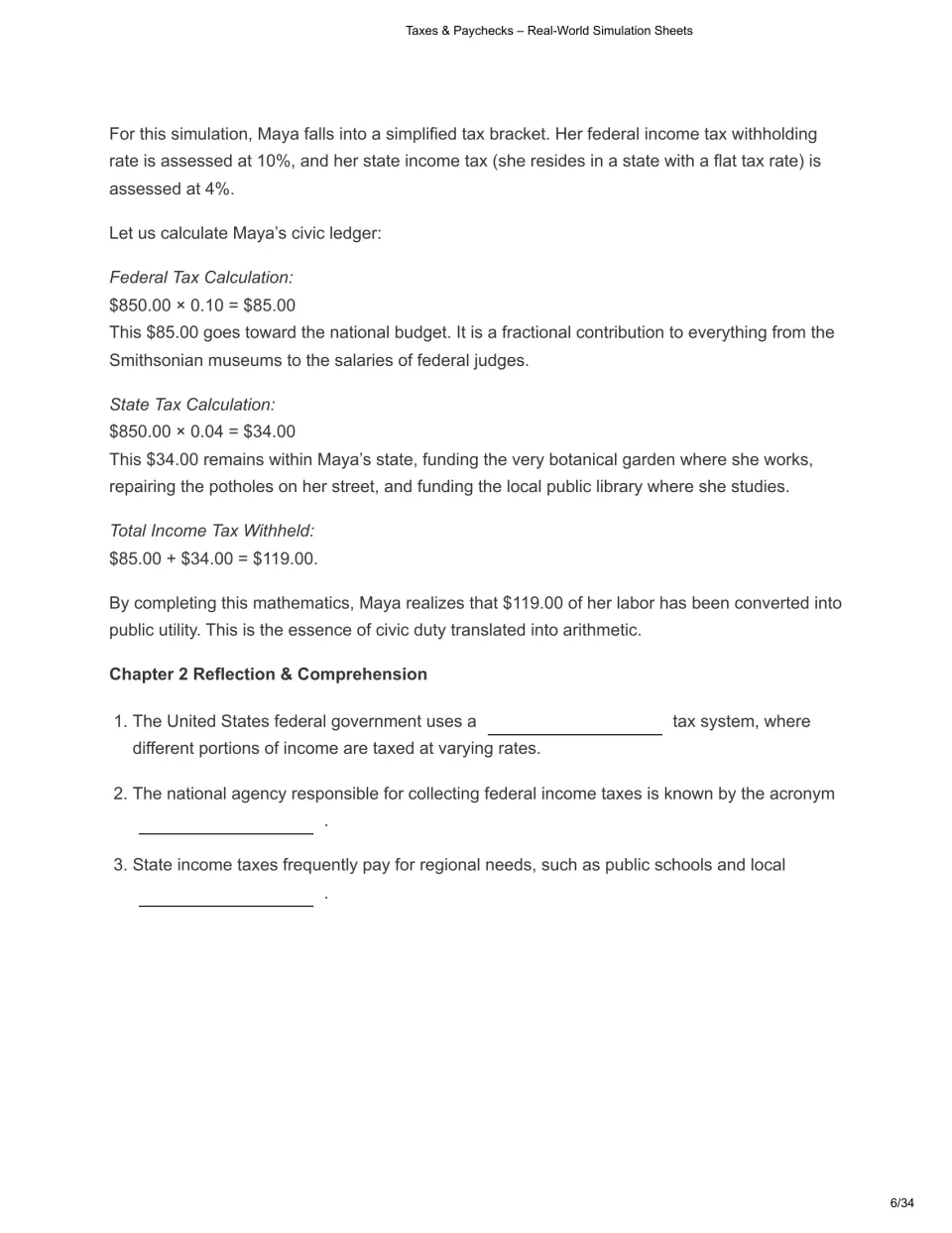 Chapter 2 worked example calculates Maya's $119 income tax withholding, followed by three review questions