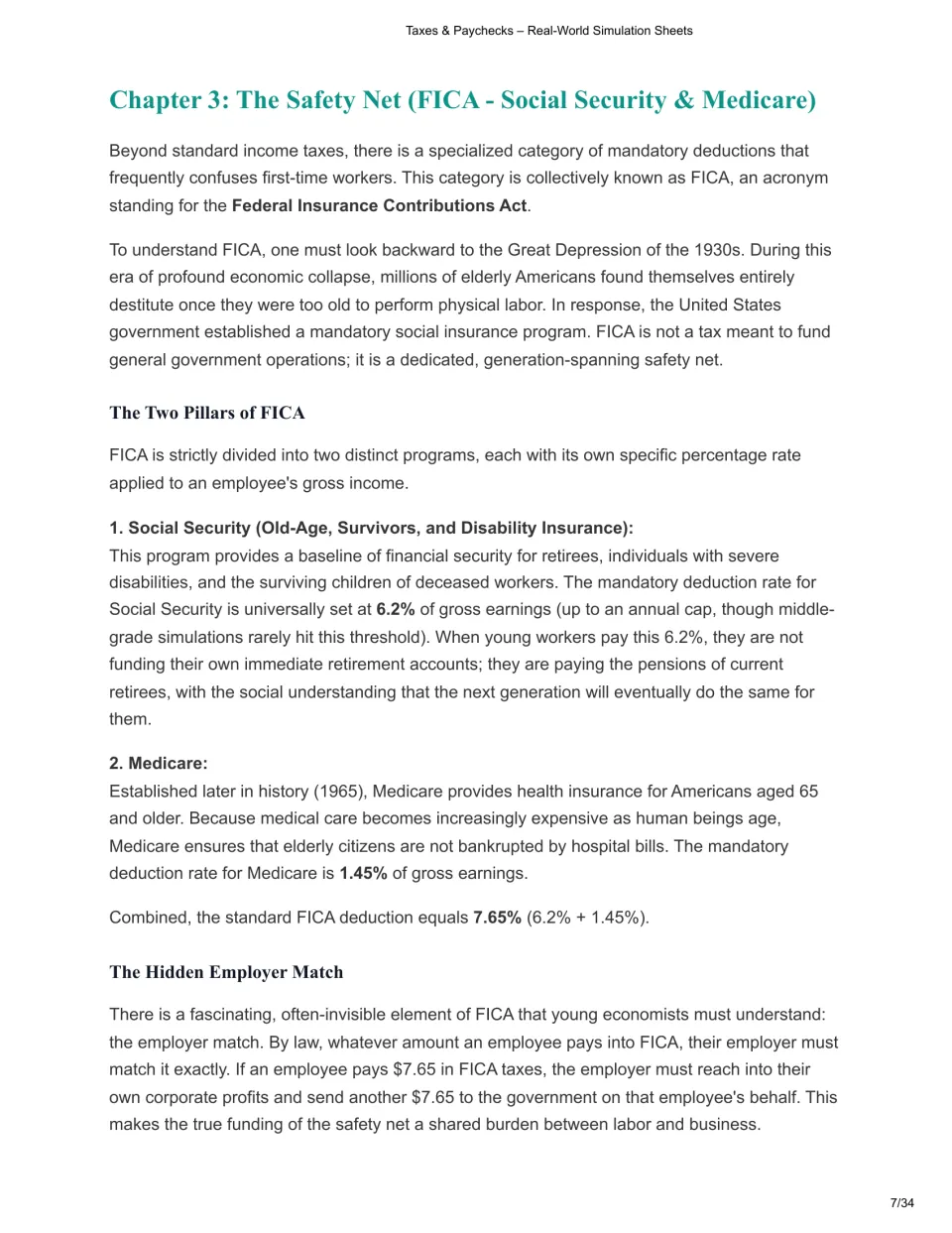 Chapter 3 lesson explains FICA, Social Security at 6.2%, Medicare at 1.45%, and the employer contribution