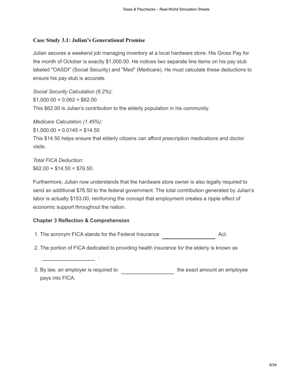 Chapter 3 worked example calculates Julian's $76.50 FICA deduction, followed by three reflection questions