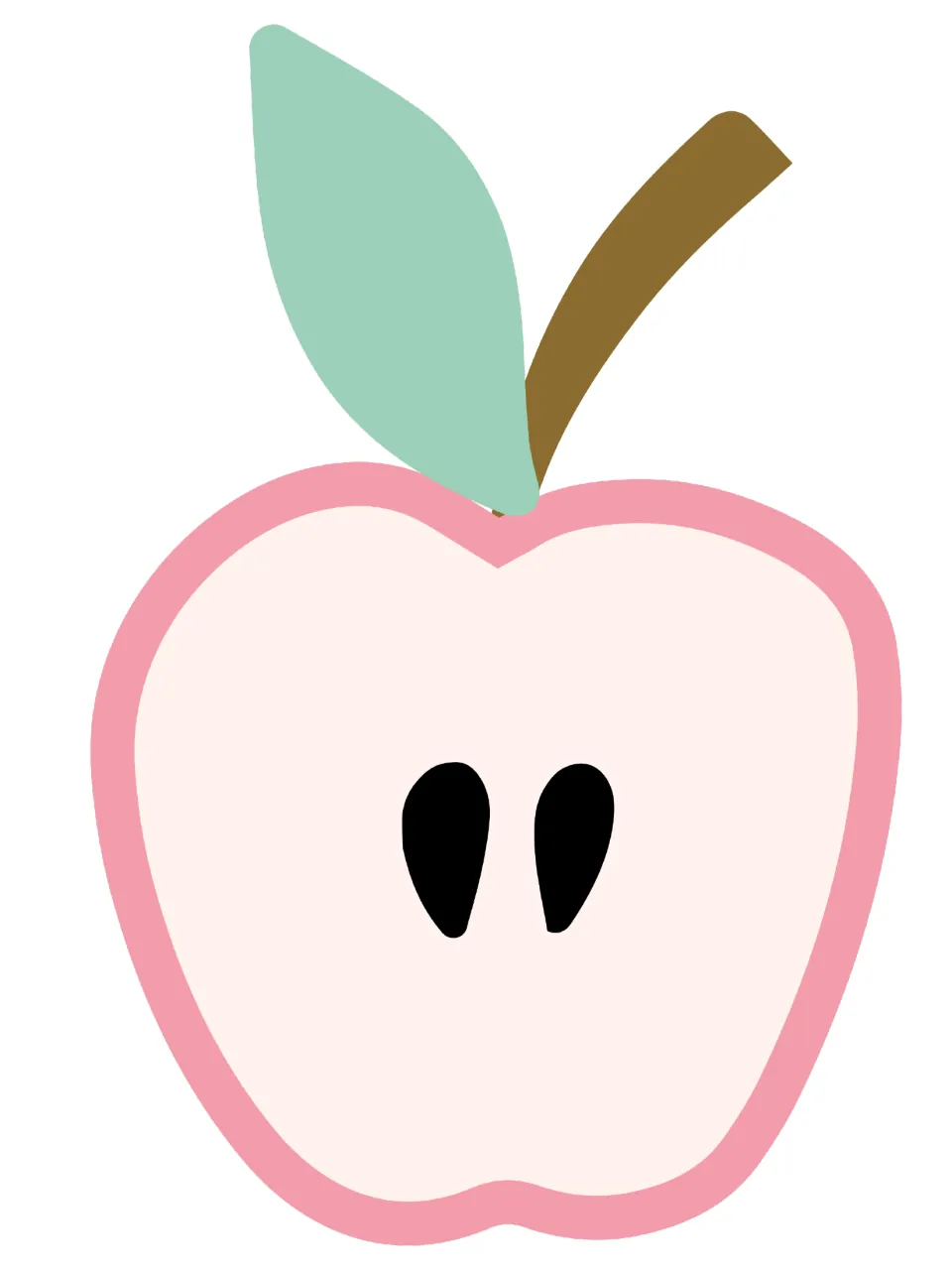 Pink apple half cutout with two black seeds and a mint green leaf for the coffee-themed bulletin board