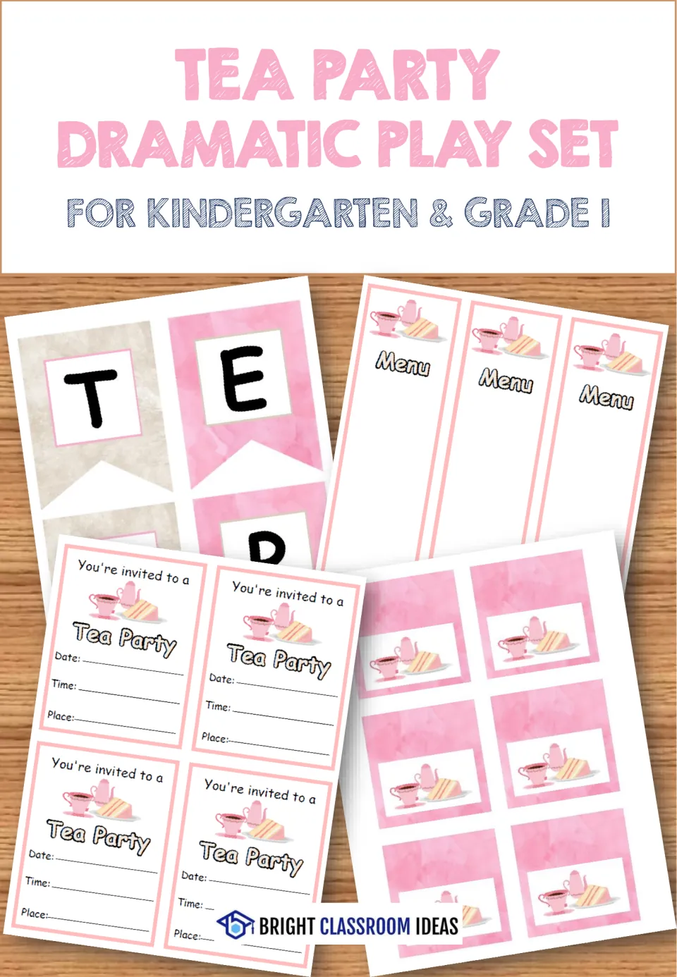 Tea party dramatic play set cover showing banner letters, menu strips, party invitations and pink teacup cards