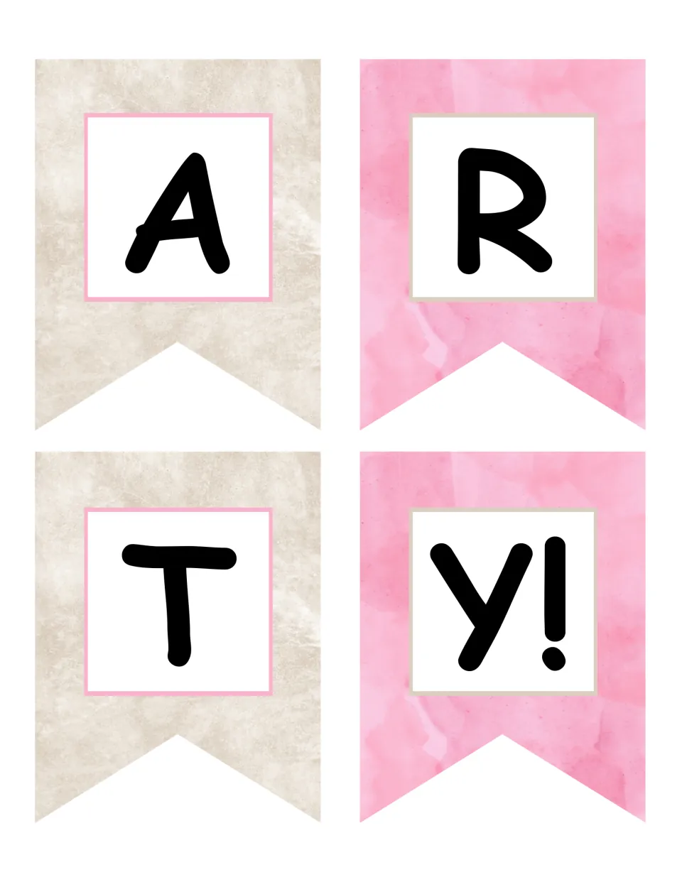 Banner pennants with the letters A, R, T and Y! on beige and pink backgrounds, finishing the word PARTY for cutting out