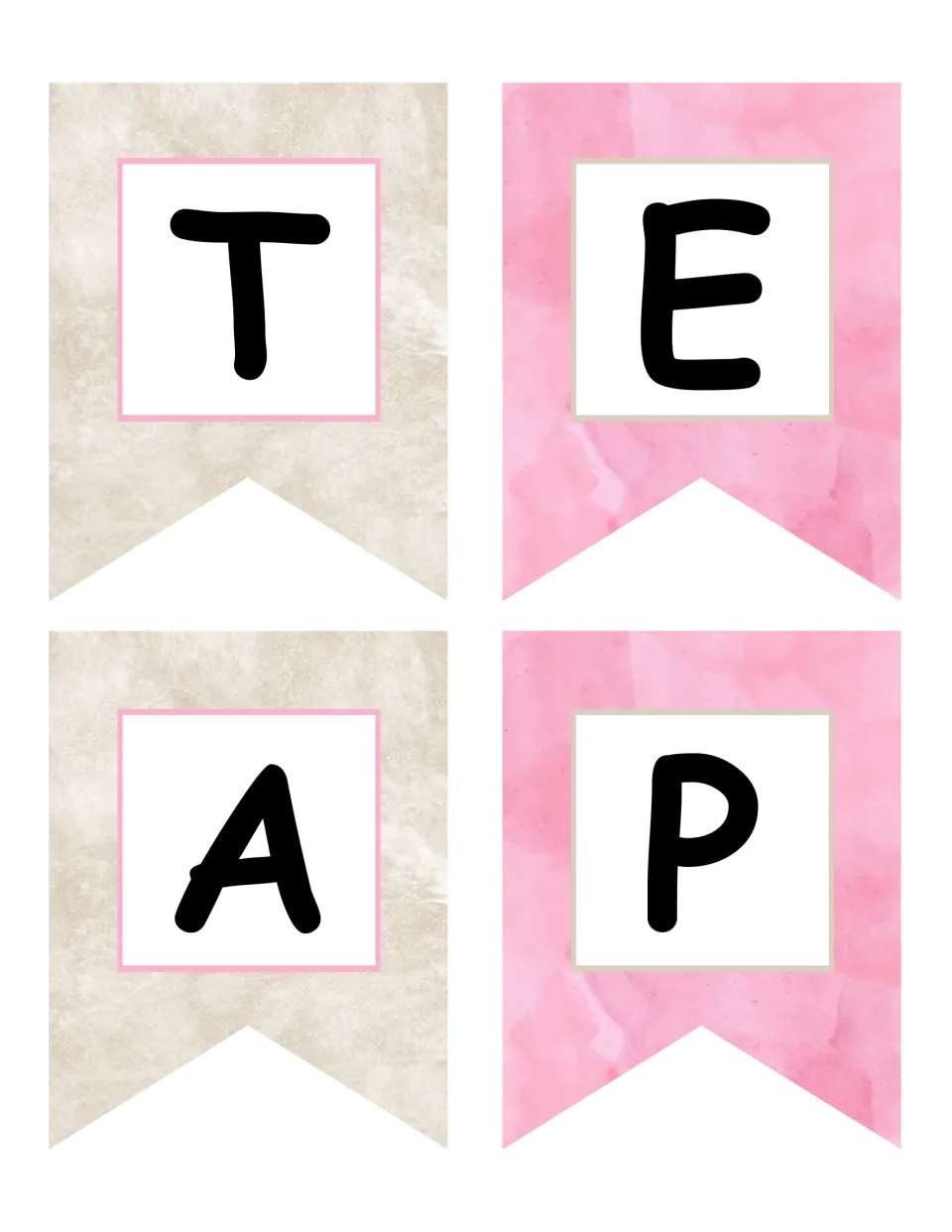 Banner pennants with the letters T, E, A and P on beige and pink backgrounds, starting the TEA PARTY banner to cut out