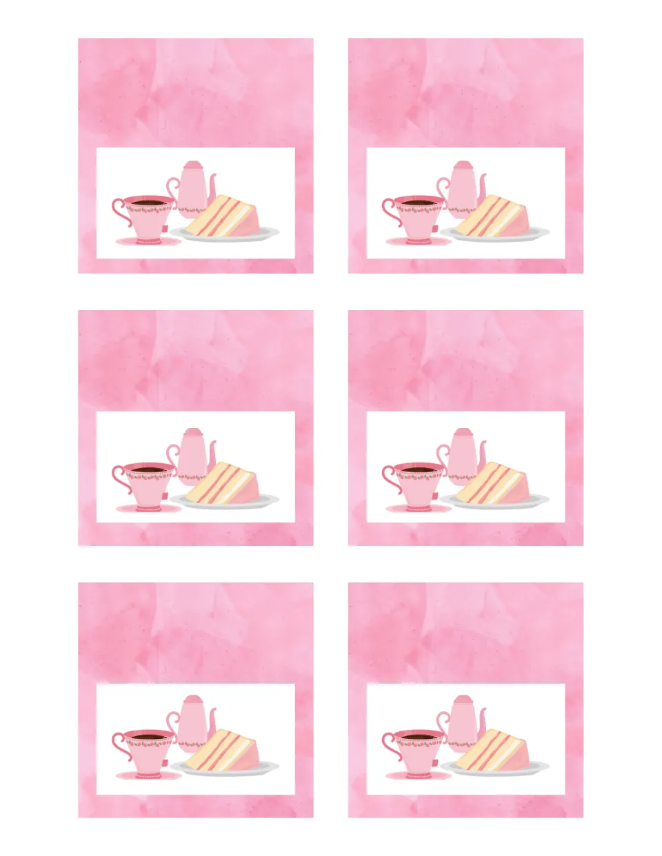 Six pink watercolor cards, each showing a teacup, teapot and slice of layered cake, to cut out for the tea party table