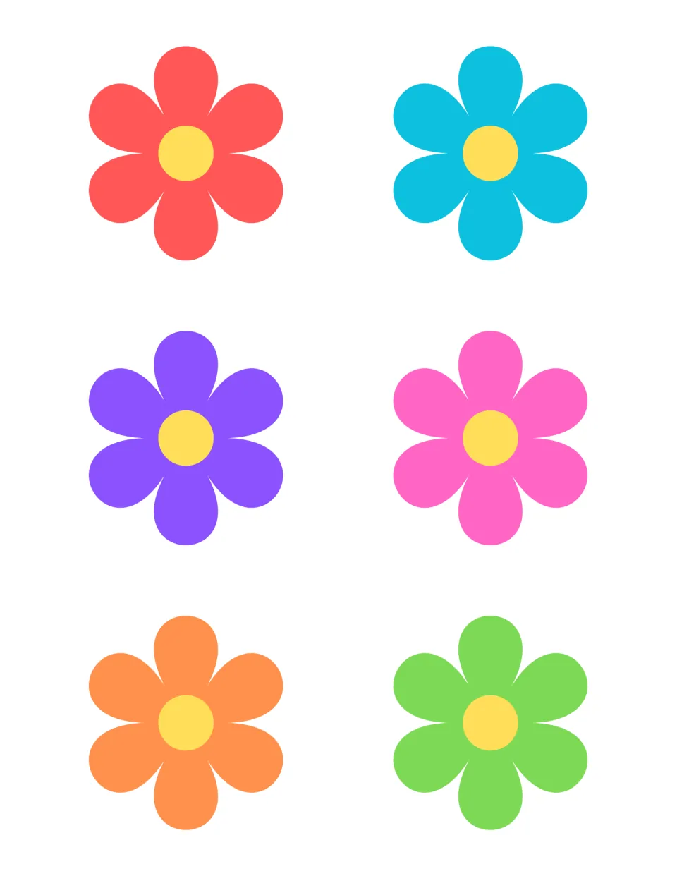 Six flower cut-outs in red, blue, purple, pink, orange and green, each with a yellow center, for party decorating