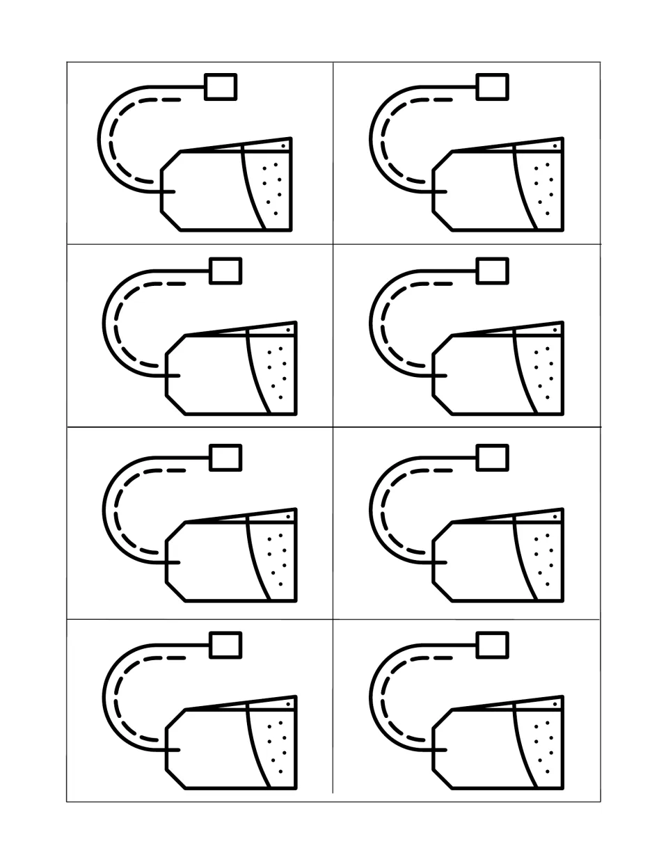 Eight black-and-white tea bag drawings with string and tag, printed as cards to color and cut out for pretend tea making