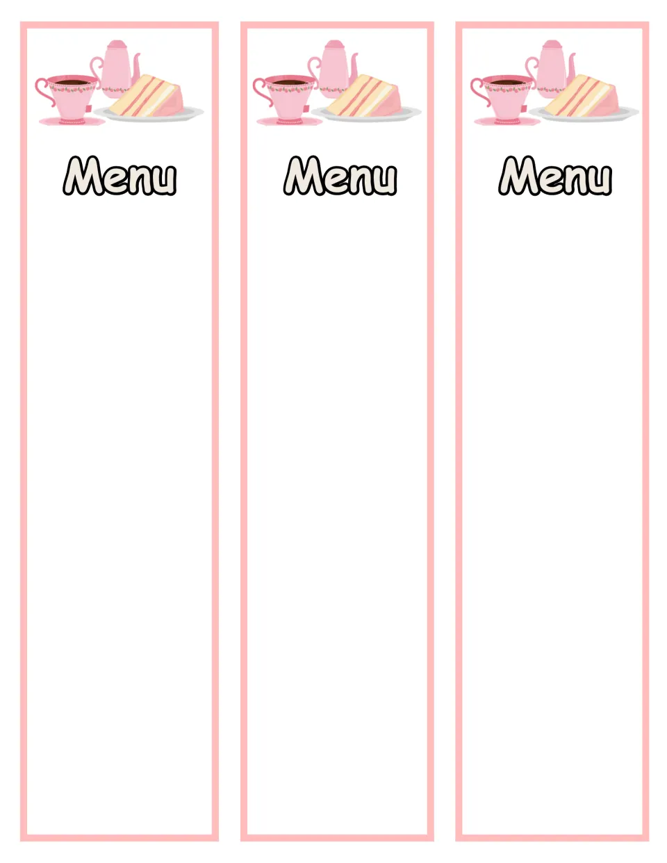 Three blank tall Menu cards topped with teacup and cake art, where children write or draw the foods served at their party