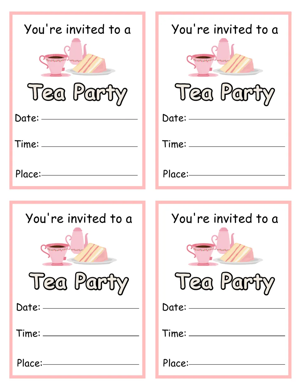 Four invitations reading You're invited to a Tea Party, where children fill in the date, time and place of their party