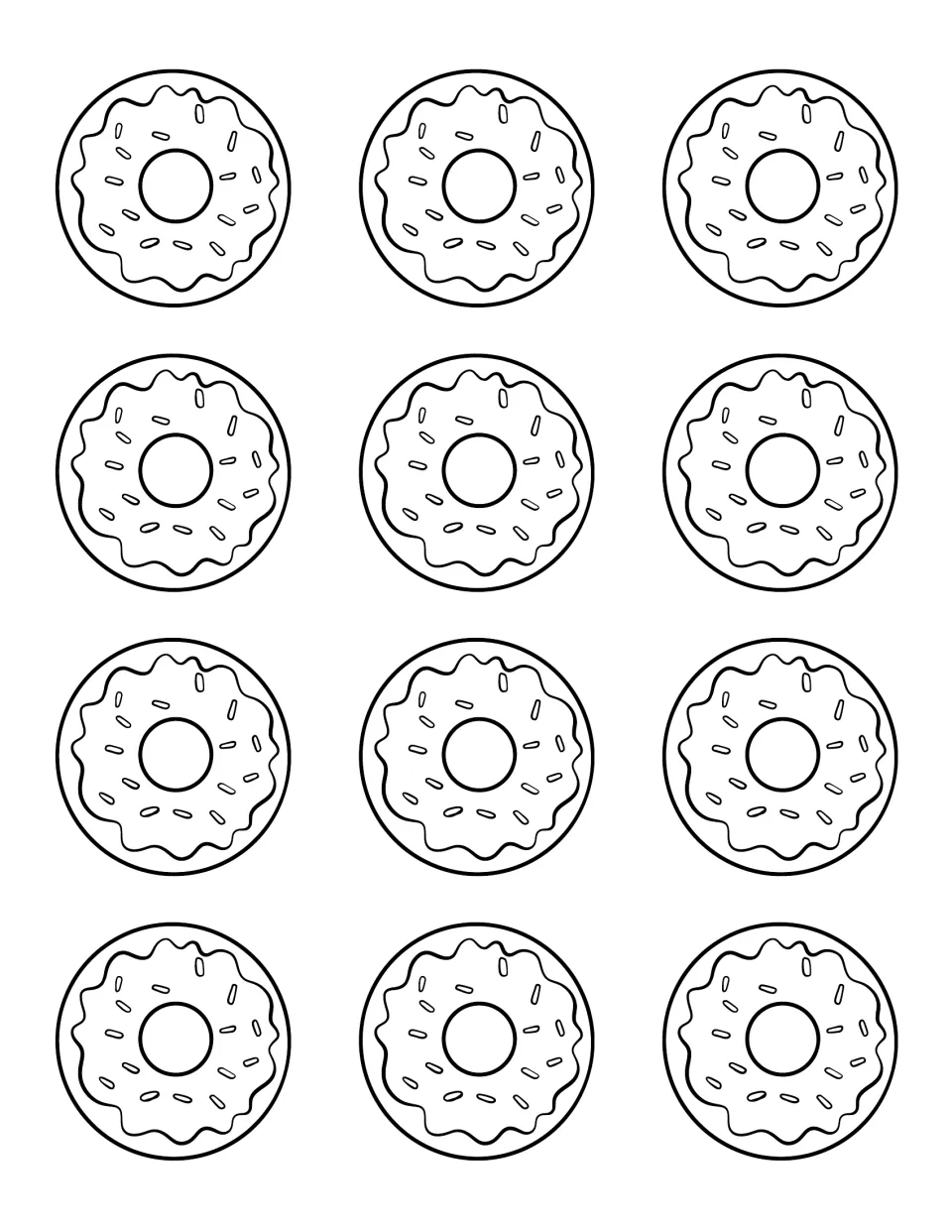 Twelve outlined sprinkle donuts for children to color and cut out as pretend treats to serve to guests during play