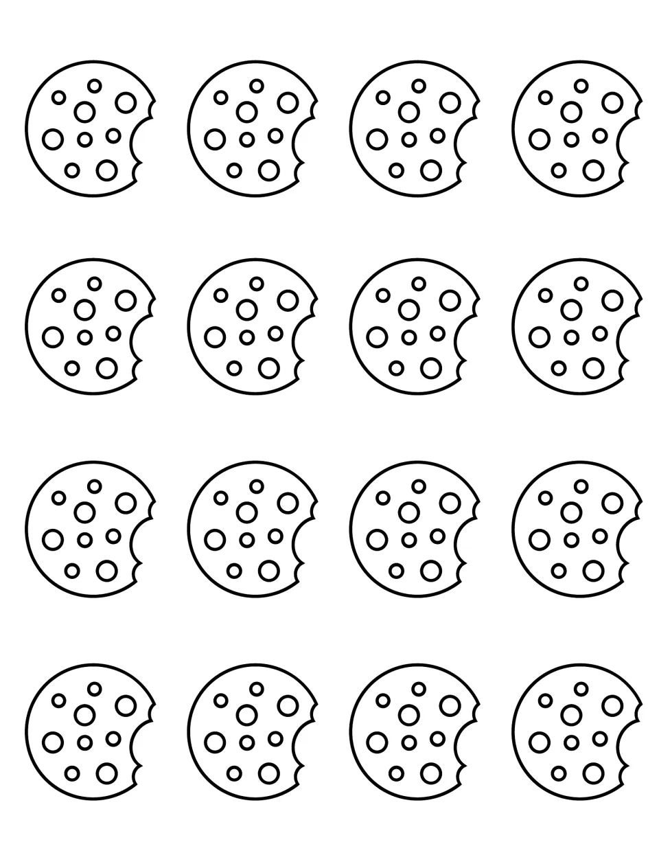 Sixteen outlined cookies with a bite taken out, for children to color and cut out as pretend snacks at the tea table