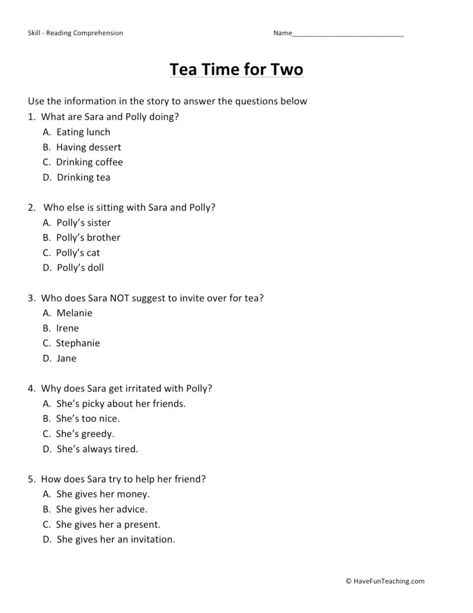Five multiple-choice questions about the tea party, Polly's cat, invited friends, and Sara's advice.