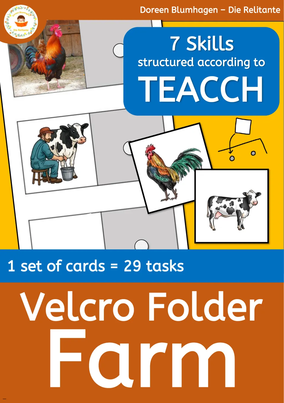 Farm file folder resource cover advertising seven TEACCH skill areas and one set of cards for 29 tasks