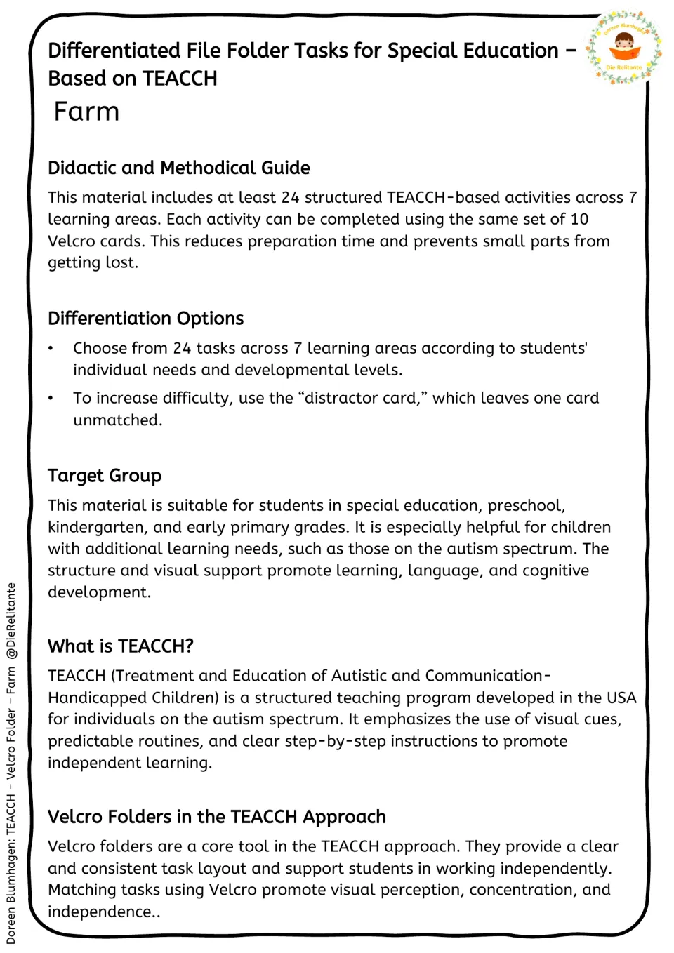 Teacher guide introduces farm folder tasks, differentiation, target learners, and structured TEACCH teaching
