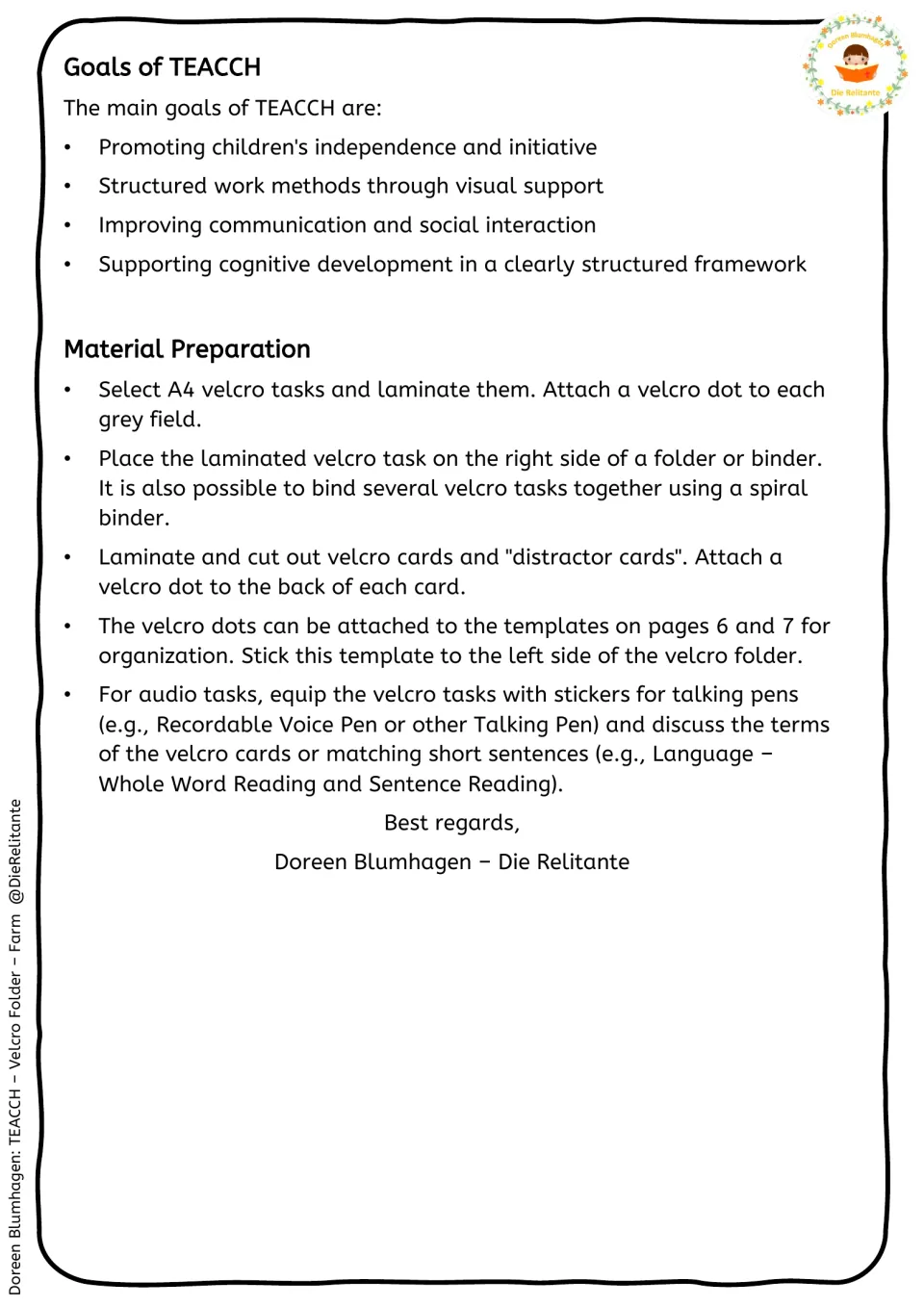 Preparation guide explains laminating farm tasks, attaching Velcro dots, storing cards, and setting up audio tasks