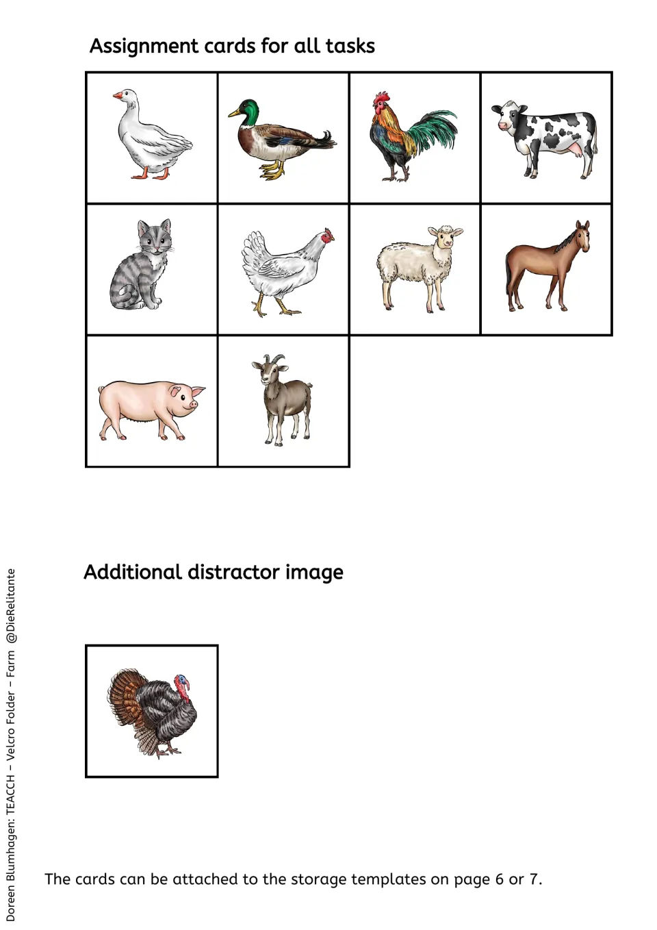 Reusable farm task cards: goose, duck, rooster, cow, cat, hen, sheep, horse, pig, goat, plus a turkey distractor