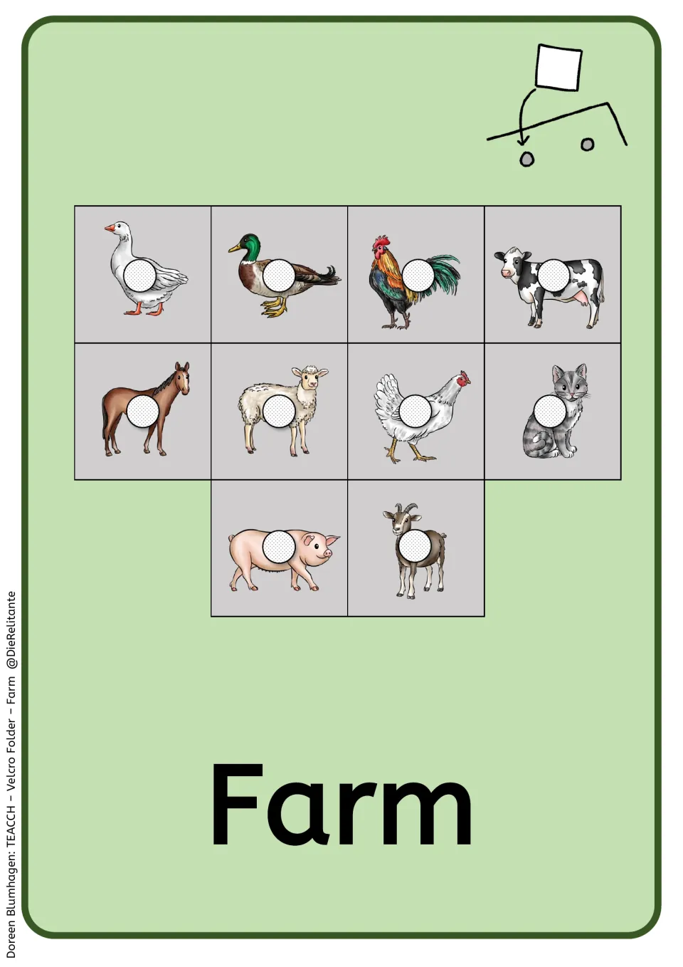 Farm card storage template has matching animal pictures and Velcro spots for the ten reusable task cards