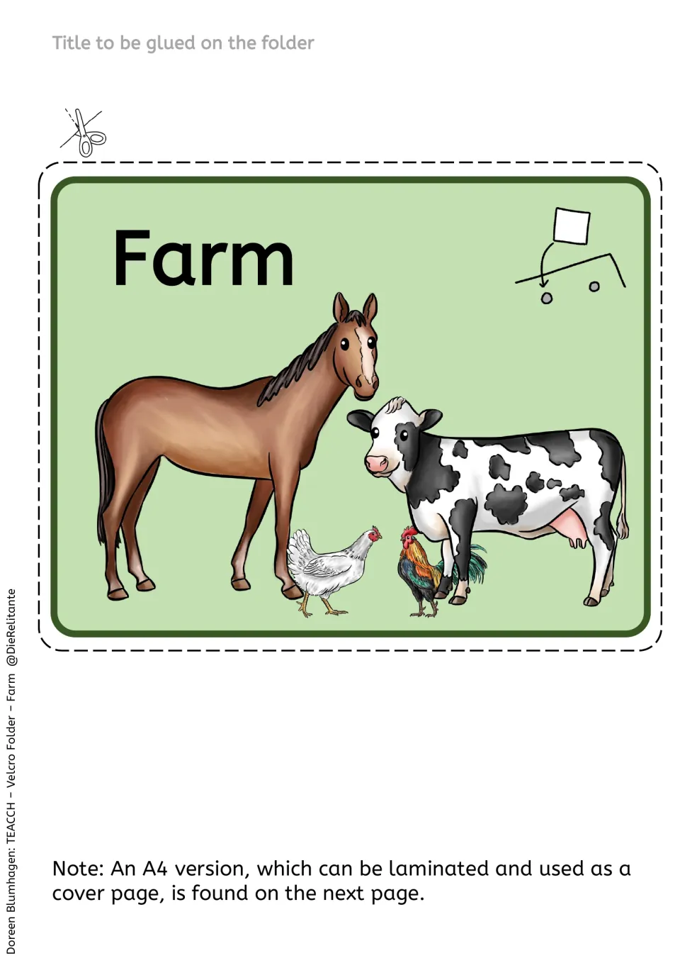 Cut-out Farm title label for the folder features a horse, cow, hen, and rooster and refers to the A4 cover