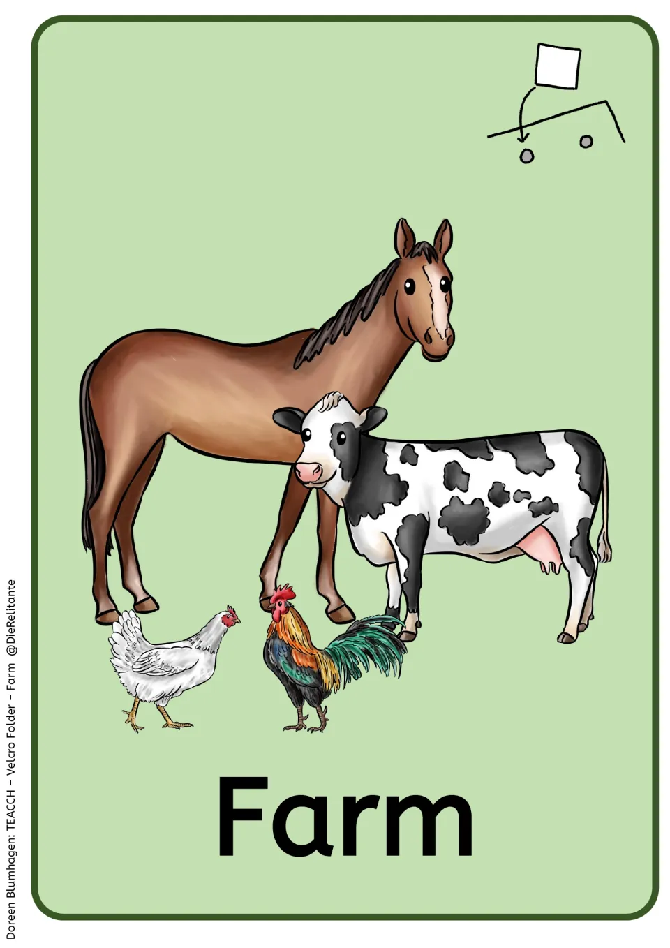 Full-page Farm folder cover features a horse, cow, hen, and rooster for the reusable animal task collection