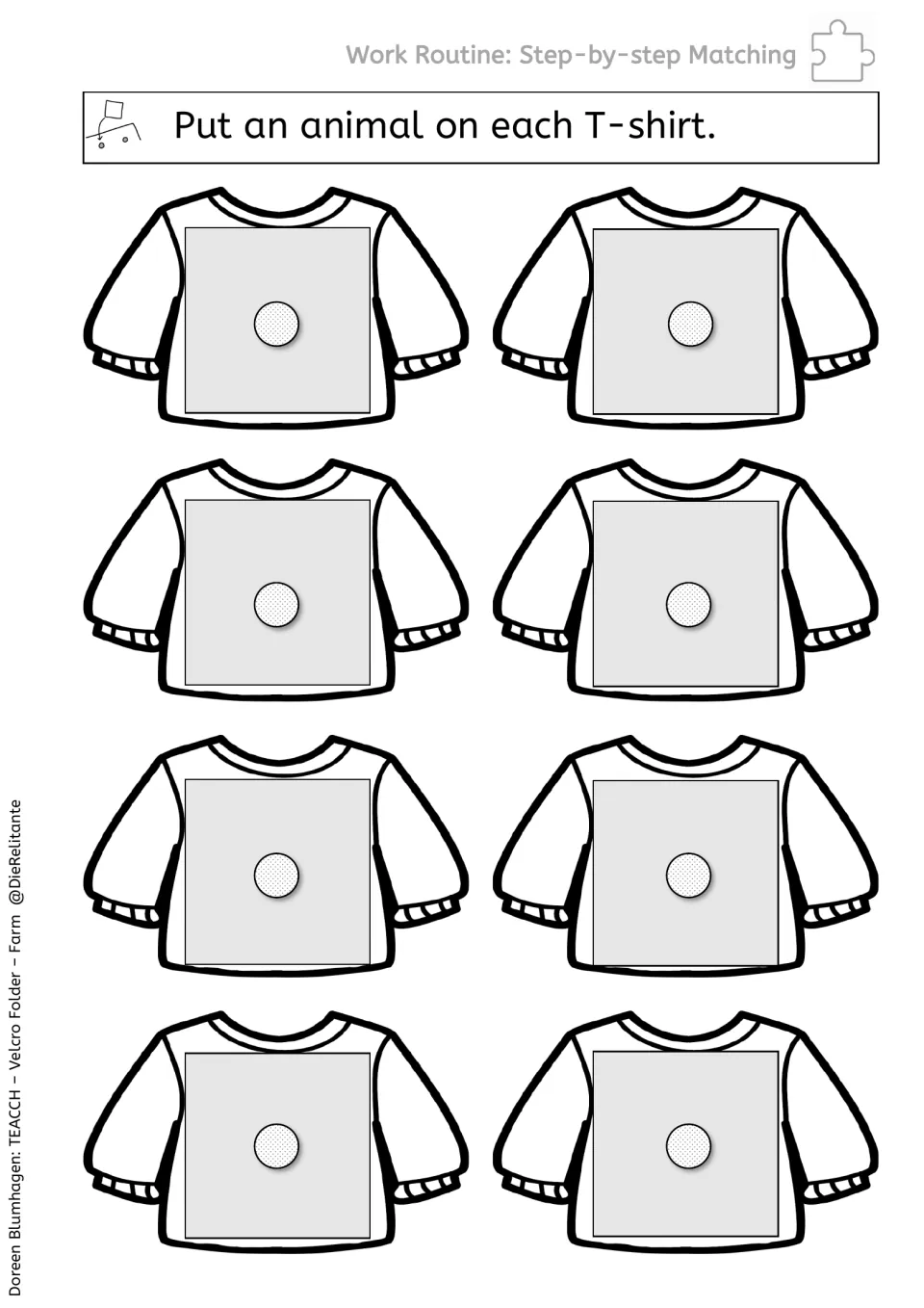 Work routine task directs students to put an animal on each of eight T-shirts using the reusable farm cards