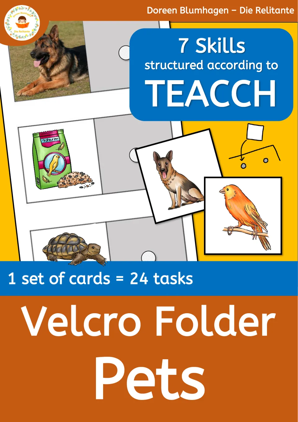 Pets file folder resource cover introducing seven TEACCH skill areas and one set of cards for 24 tasks