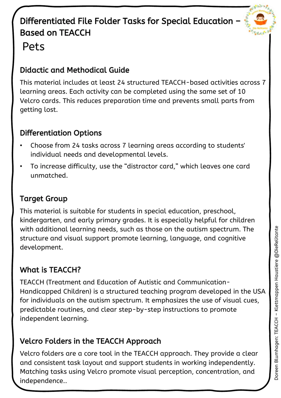 Teacher guide explaining 24 tasks, 10 reusable Velcro cards, differentiation, and the TEACCH approach