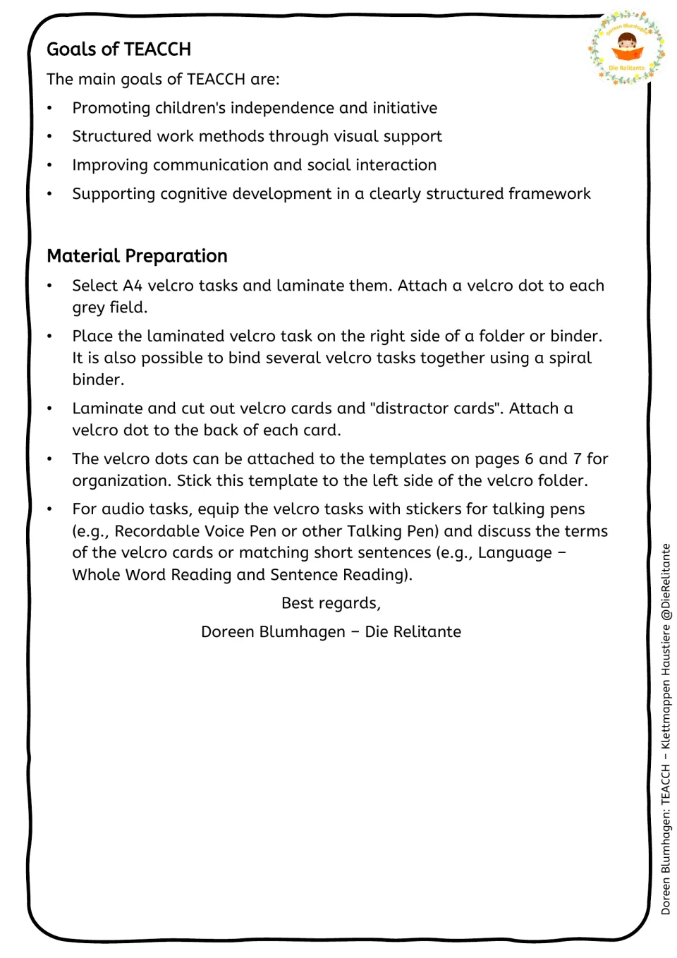Preparation guide for laminating tasks, attaching Velcro dots, storing cards, and setting up audio tasks