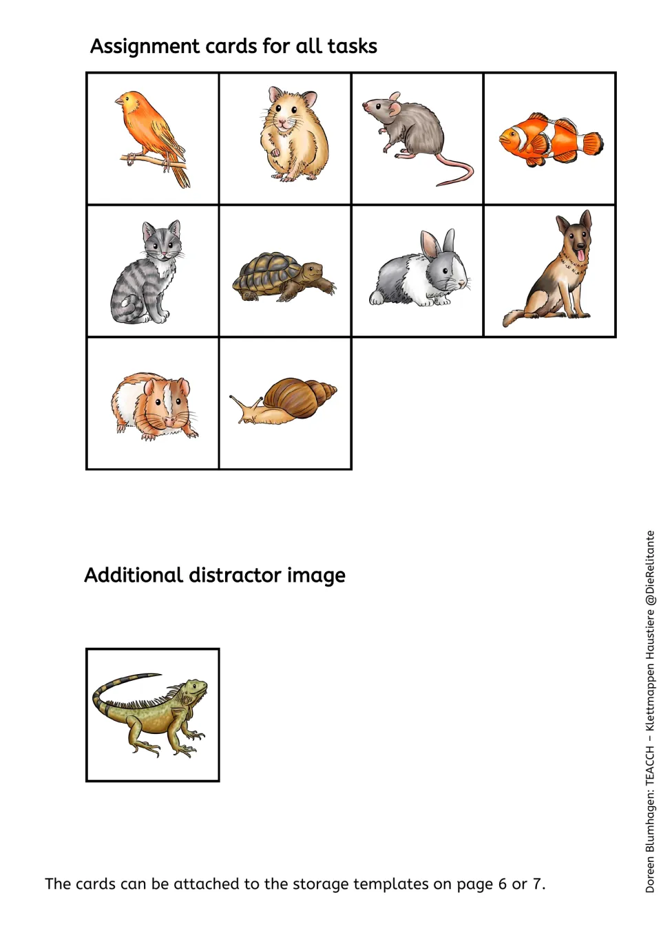 Cutout sheet of 10 pet cards, including a bird, hamster, mouse, and fish, plus an iguana distractor card