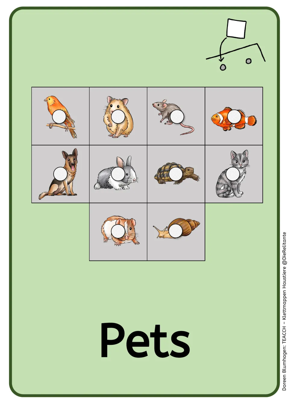 Pets card storage template showing the 10 matching animal pictures and Velcro attachment spots for each