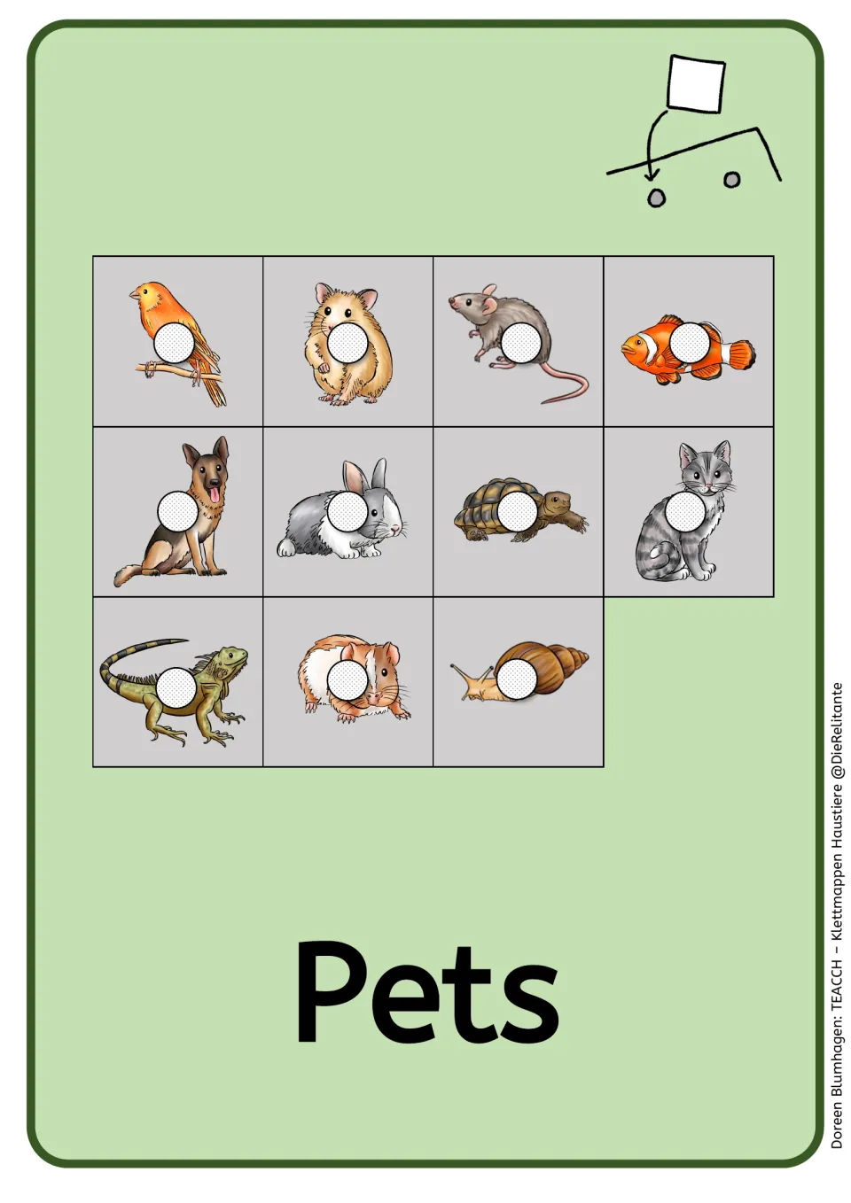Pets card storage template for the 10 matching animal cards plus the optional iguana distractor card