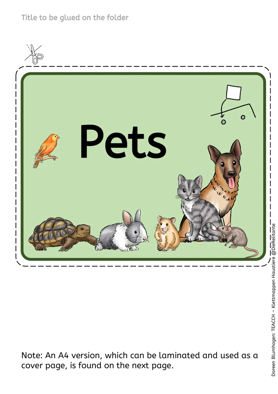 Cutout folder title label reading 'Pets,' illustrated with a bird, dog, cat, rabbit, and other animals