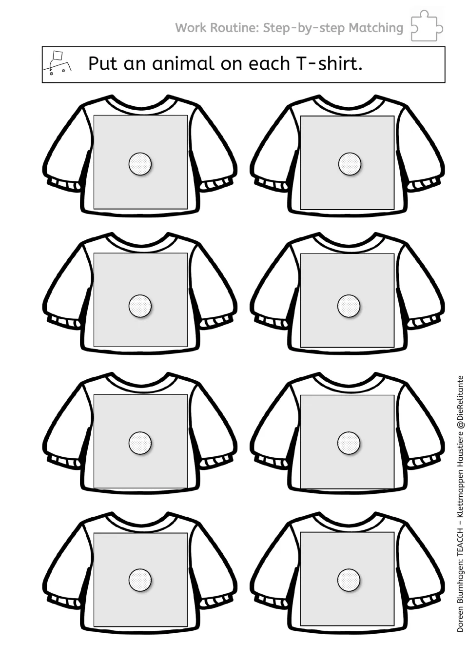 Work routine task directing students to 'Put an animal on each T-shirt,' with eight spots for pet cards