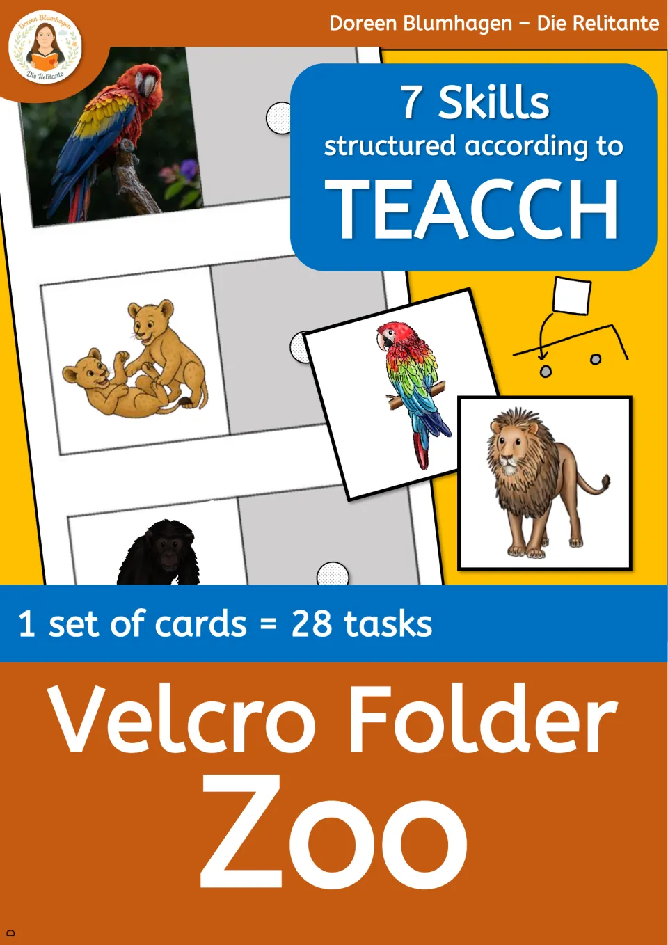 Cover of the zoo file folder resource, labeled '7 Skills structured according to TEACCH' and '28 tasks'