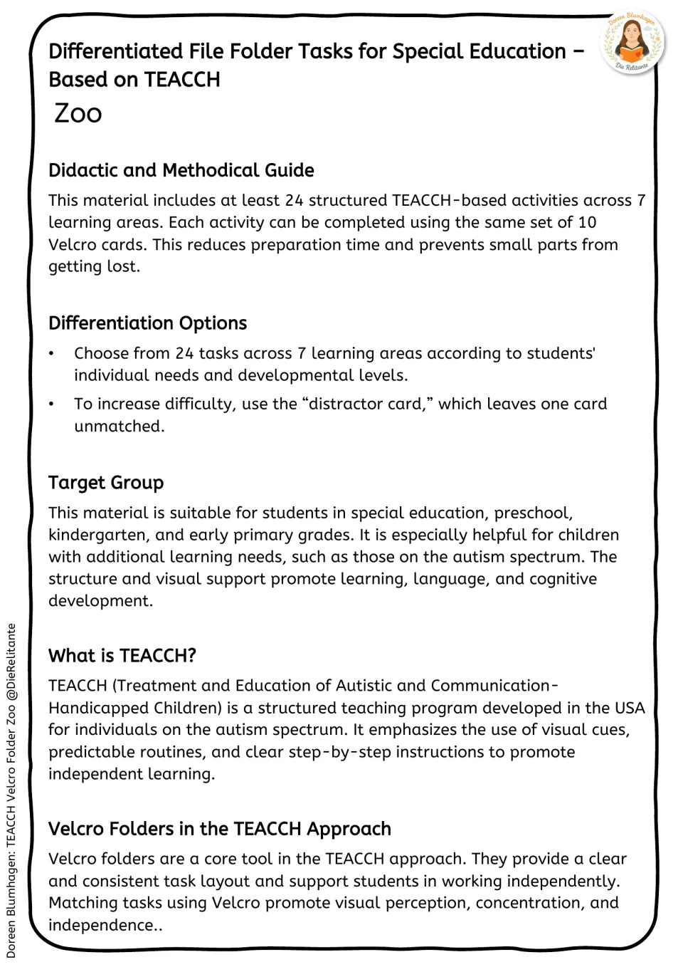 Teacher guide introduces the zoo tasks, reusable animal cards, differentiation, target group, and TEACCH
