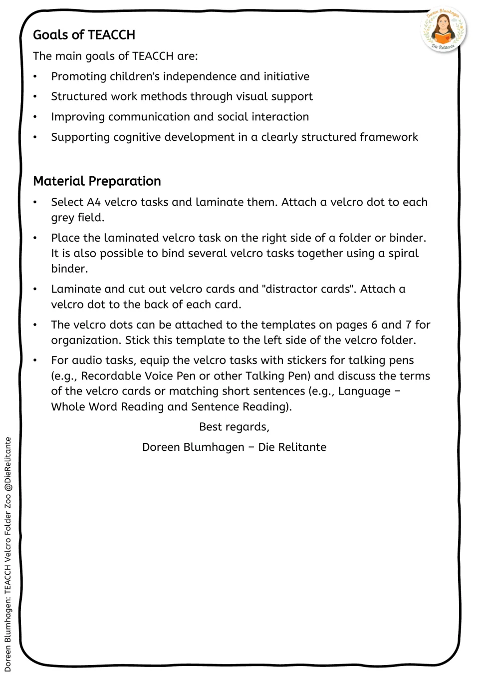 Preparation guide explains laminating zoo tasks and cards, attaching Velcro dots, and setting up audio tasks