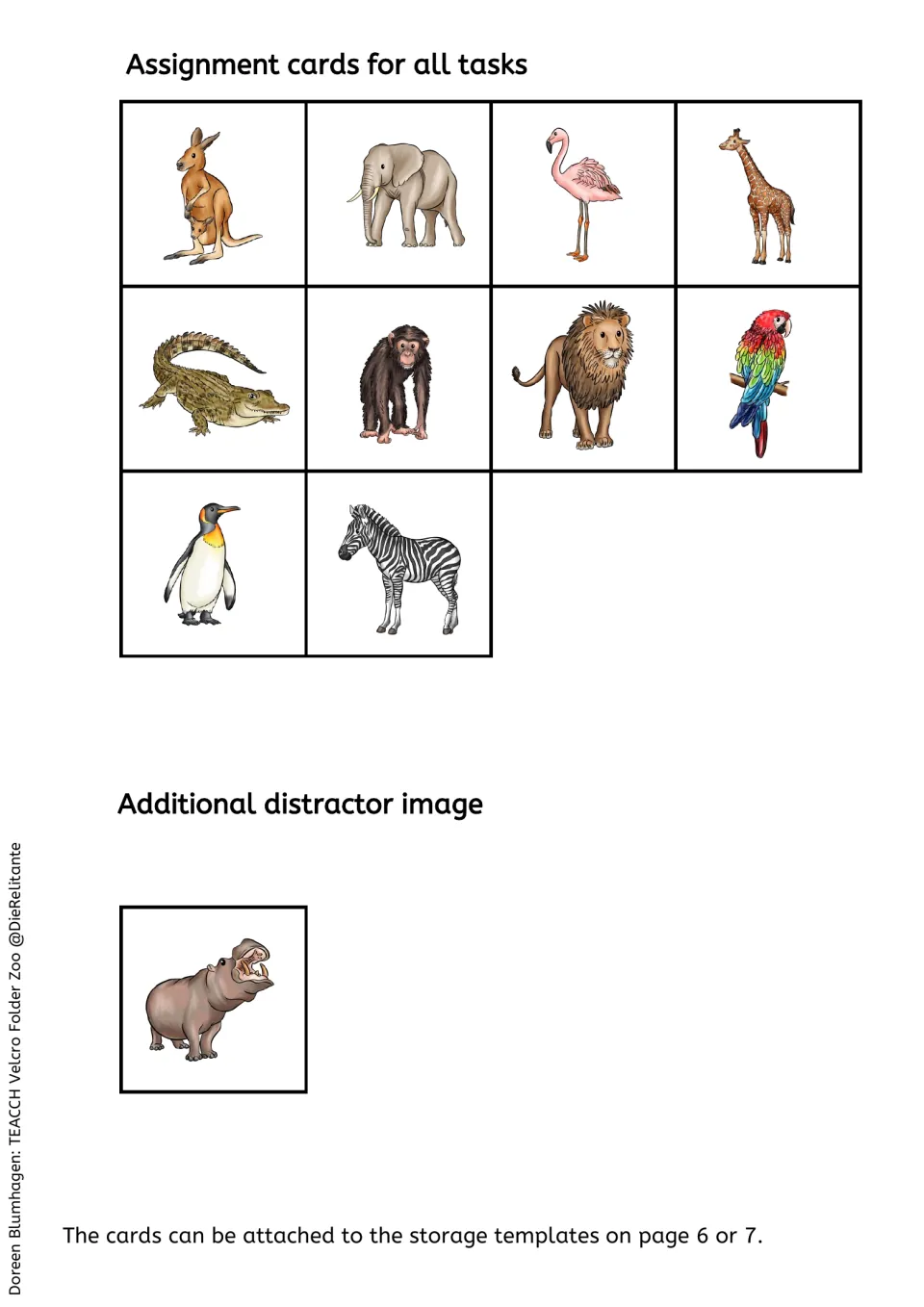 Reusable zoo task cards: kangaroo, elephant, flamingo, giraffe, six more animals, and a hippopotamus distractor